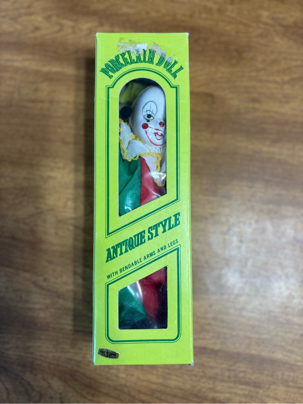 VTG porcelain clown doll red green and yellow 9in with box